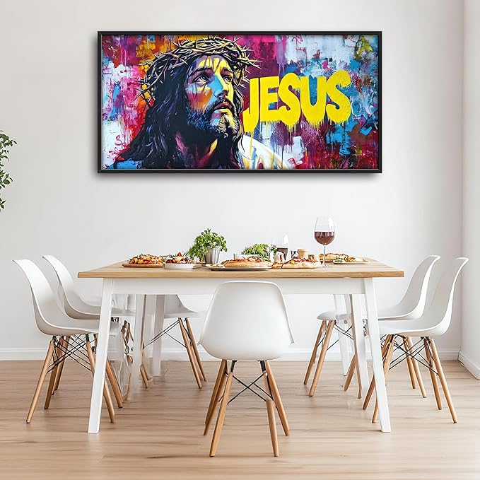 Banksy Jesus Large Wall Art Graffiti Framed Wall Decor for Living Room Pop Street Pictures Oversized Canvas Print Painting Modern Extra Large Framed Artwork for Bedroom Office 60"x30"