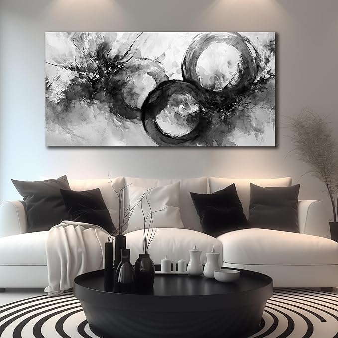 JuhaiArt White Wall Decor Art for Living Room Office Abstract Canvas Wall Art Black Circle Picture Art 29" x 59" Large Modern Poster Artwork