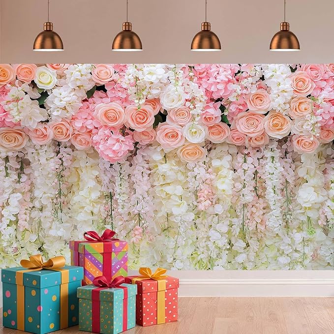 5x3ft Pink Rose Flower Wedding Photography Backdrop Spring Floral Photography Backdrop Valentine's Day Mother's Day Girl Birthday Baby Shower Wedding Bridal Party Banner Photo Booth Props Background