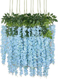 Duovlo 12 Piece Artificial Silk Wisteria Vine 3.6 Feet Hanging Flower Garland String Home Party Wedding Decor (Light Blue)