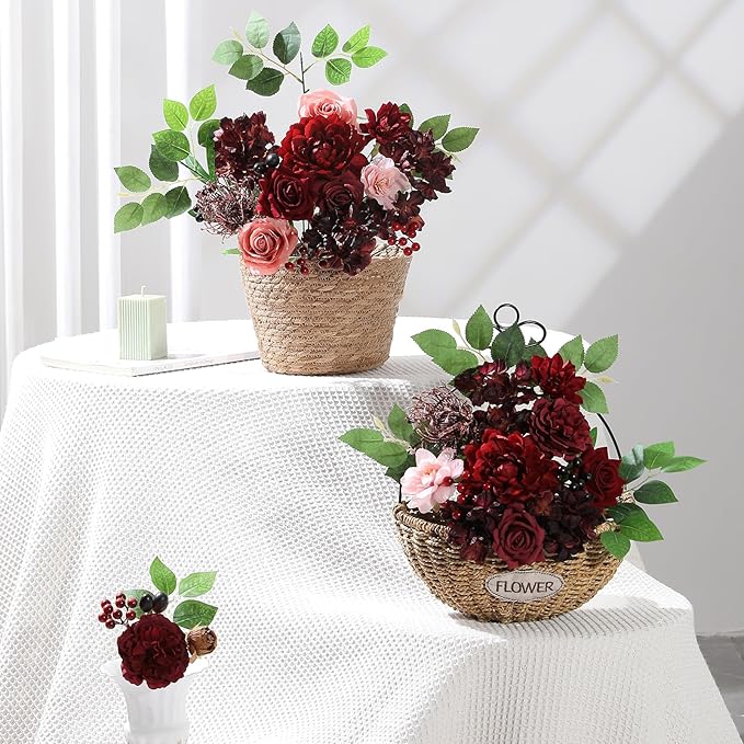 Artificial Flowers Combo Box Set Burgundy Silk Flowers for DIY Wedding Bouquet Arrangements Bridal Shower Party Home Decorations (Mature Burgundy)