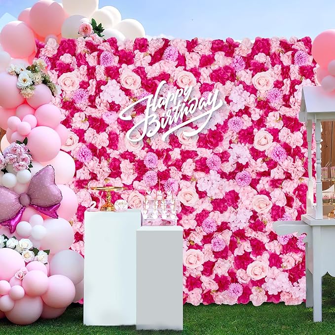 Wedding Backdrop Flower Wall Panels: 24 Packs 15x15 Inches Hot Pink Background - Bridal Shower Party Anniversary Ceremony Decor