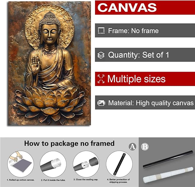 Buddha Wall Art Golden Buddha in Lotus Seat Serene spiritual statue radiant aura Meditation and mindfulness wall art suitable for sacred spaces 28x40in Frameless