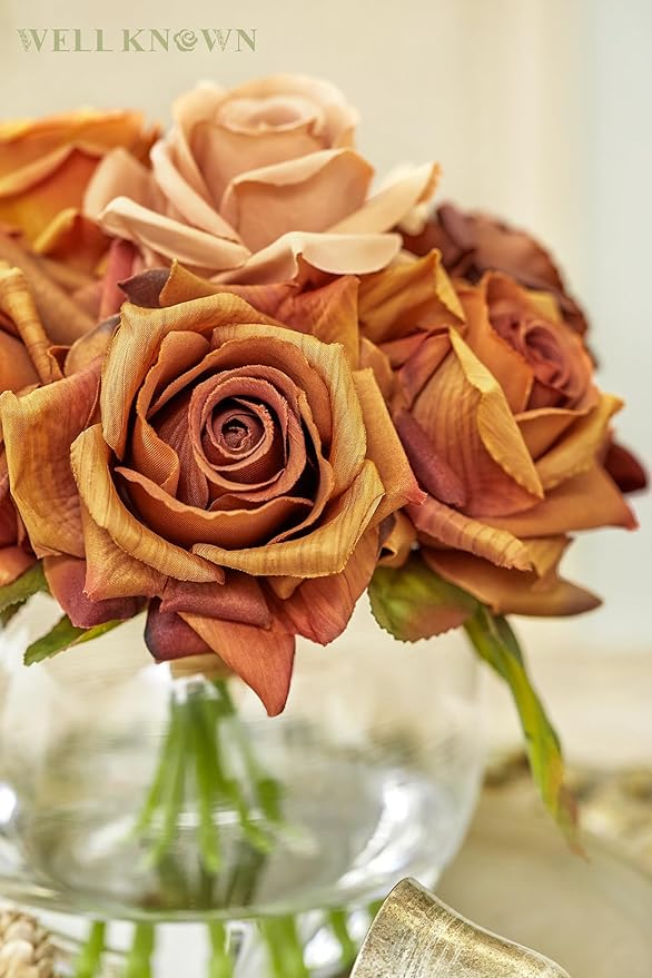 WELL KNOWN Silk Rose Artificial Flowers Arrangements with Vase, Artificial Rose Bouquet in Round Bowl Vase with Faux Water for Home Party Wedding Table Decor & Gift (Maillard Brown & Burnt Orange)