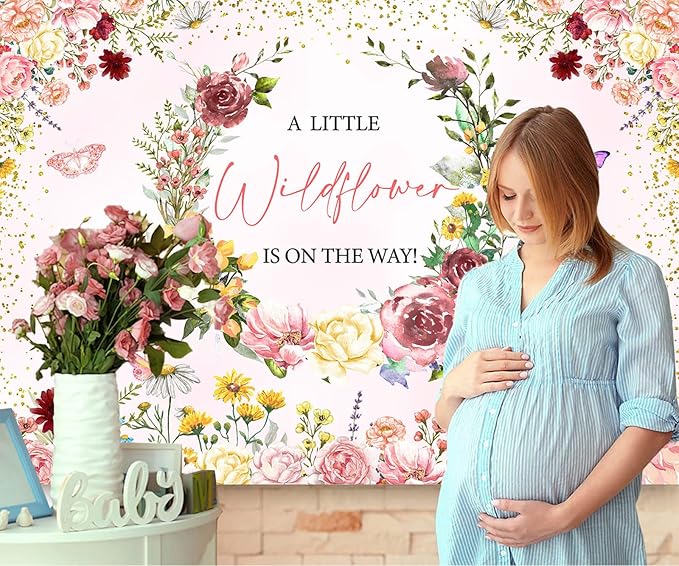 InMemory Wildflower Baby Shower Backdrop Pink Floral Party Decorations for Girl,A Little Wildflower is On The Way Banner Background Wild flower Theme Baby Shower Party Supplies Photoshoot Props 10x7ft