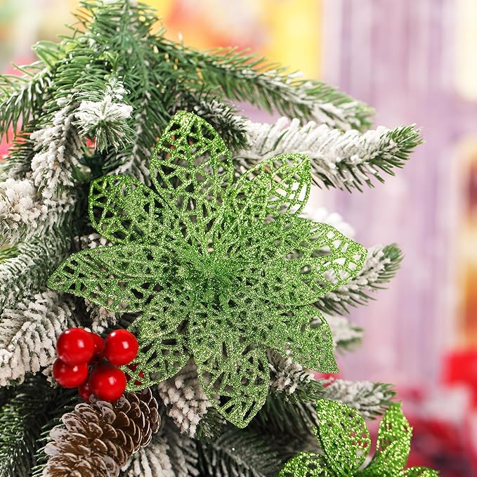 Boao Green 24 Pieces Poinsettia Flower Christmas Glitter Artificial Poinsettia with Clips Christmas Tree Ornament Decorations for DIY Xmas Wreath Holiday Home Party Decor, 3/4/6 Inches
