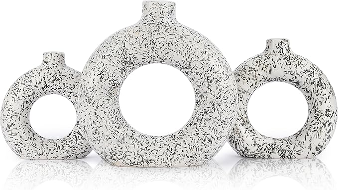 Ajuny Donut Vase Set of 3 – White & Grey Ceramic Hollow Vases for Pampas Grass, Modern Boho Home Decor, Table Centerpiece, Wedding, Living Room, Office, Bedroom (8", 6", 4")