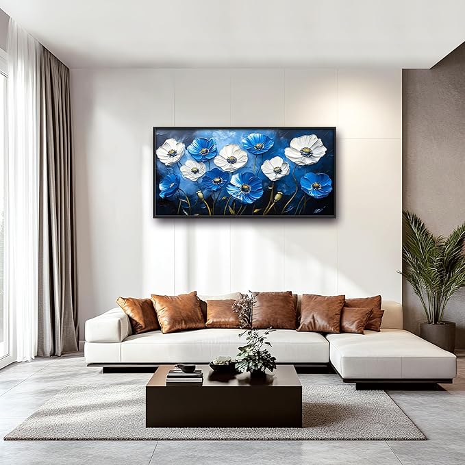 Poppy Large Wall Art Framed Blue Flower Wall Decor for Living Room, Poppies Pictures Oversized Canvas Print Painting Modern Extra Large Framed Artwork for Bedroom Office Home Decor 60"x30"
