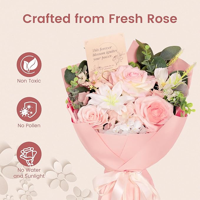 TINGE TIME Aritifical Flowers Bouquet, Pink Roses Gift Bouquet, Birthday Gifts for Women, Eternal Roses Bouquet for Grandma Wife Anniversary (PeachPink&White)