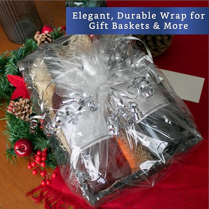 FIESTA WRAPS 220 ft Clear Cellophane Wrap Roll (31.5 in x 220 ft) - Cellophane Roll - Clear Wrapping Paper to Wrap Gift Baskets - Gift Basket Wrapping Supplies - Papel Celofán Transparente