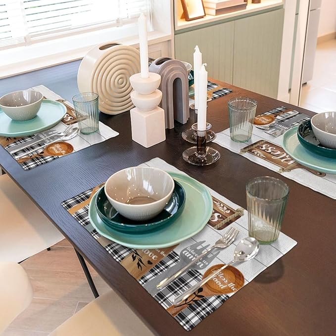 Fork Spoon Kitchen Table Placemats Set of 4 Retro Wooden Tableware Print Placemat Indoor Outdoor Party Home Desktop Dining Room Decoration 12x18 Inch