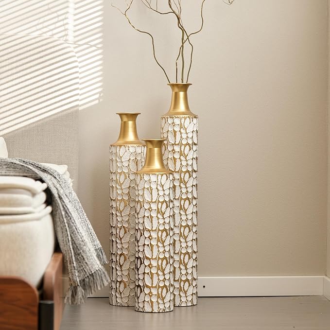Floor Vases, Tall Home Decor Metal Vase Set of 3 Large Glazed Decorative Vases for Wedding Decor, Elegant Modern Flower Holder for Living Room, Entryway, Hallway, Dining Room