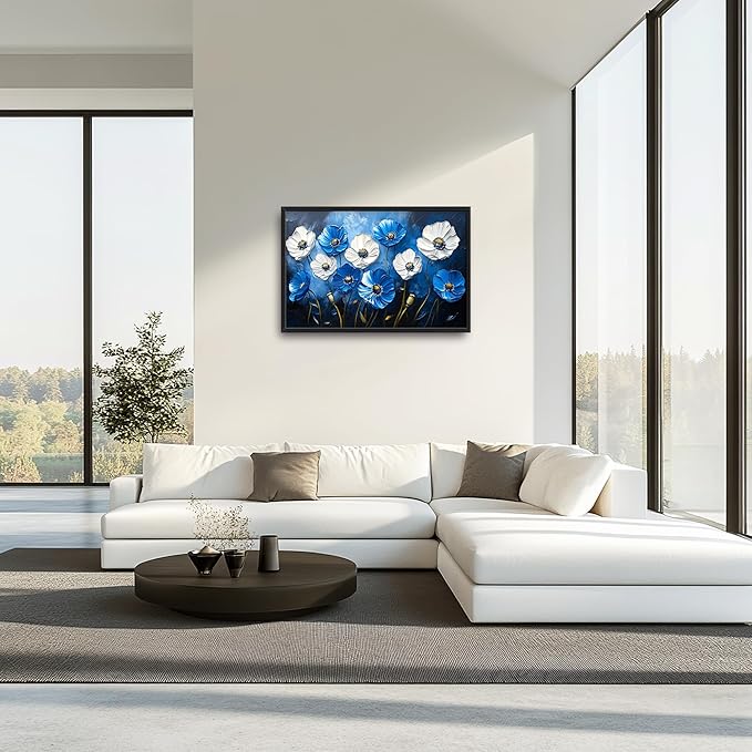 Poppy Large Wall Art Framed Blue Flower Wall Decor for Living Room, Poppies Pictures Oversized Canvas Print Painting Modern Extra Large Framed Artwork for Bedroom Office Home Decor 36"x24"