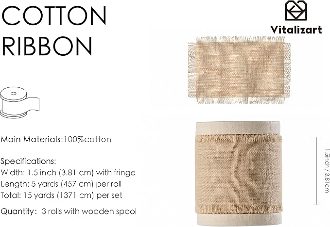Vitalizart Nude Ribbon 1-1/2" x 15 Yd 100% Cotton Handmade Frayed Fringe Fabric Ribbons for Gift Wrapping Wedding Invites Bridal Shower Bouquets Christmas Decorations