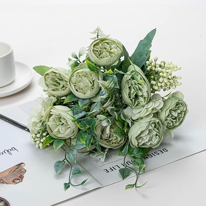 KAOYOO 2 PCS Artificial Peony Bouquet Short Stem for DIY Wedding Decoration Bridal Bouquet Home Decorations(Green 2-PCS)