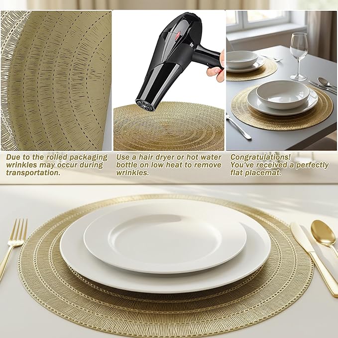 Gold Placemats Set of 6-15 Inch Round PVC Table Mats, Heat-Resistant & Waterproof Washable Place Mats for Dining Table, Elegant Metallic Decor for Holiday Dinner Party Decorations