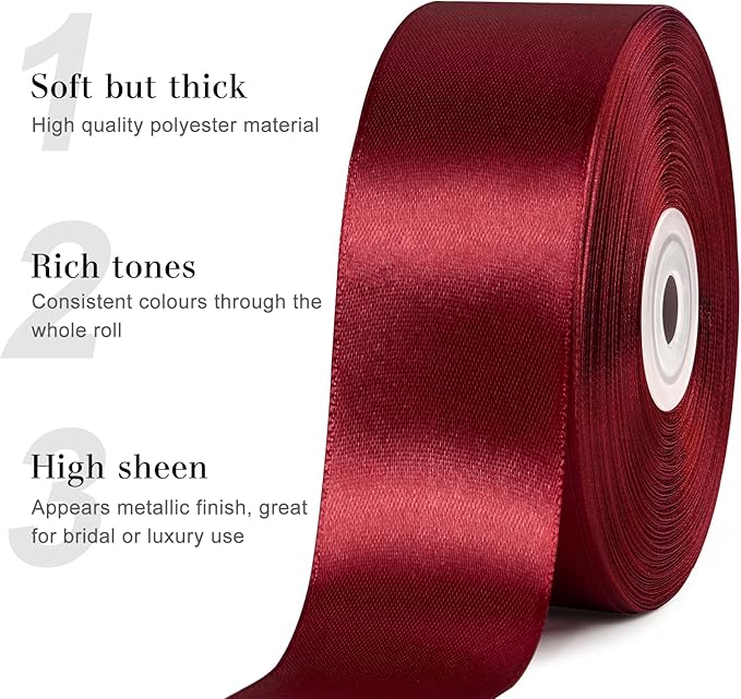 1-1/2 Inches 50 Yards Dark Wine Red Satin Ribbon, Solid Fabric Ribbon Roll for Flower Bouquets, Gift Wrapping, Wedding, Handmade Crafts