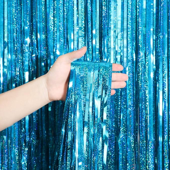 Melsan 2 Pack 3.2 ft x 8 ft Teal Tinsel Foil Fringe Curtains Backdrop, Blue Sparkle Metallic Foil Curtains for Ocean Birthday Party Decorations