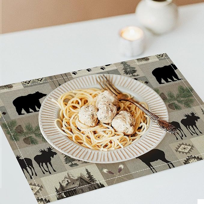 Retro Rustic Lodge Bears Deer Placemats Set of 4, Vintage Cabin Pine Tree Farmhouse Country Style Place Mats, Heat Resistant Non Slip Cotton Linen Dining Table Mats for Home Kitchen 18x12 Inch
