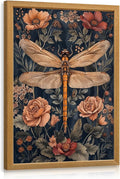 LLEEMPI William Morris Wall Art, Vintage Dragonfly Floral Wall Decor, Abstract Insect Flower Canvas Painting, Nature Botanical Poster Print for Living Room Bedroom Bathroom Office Wood Framed 12x16 inch
