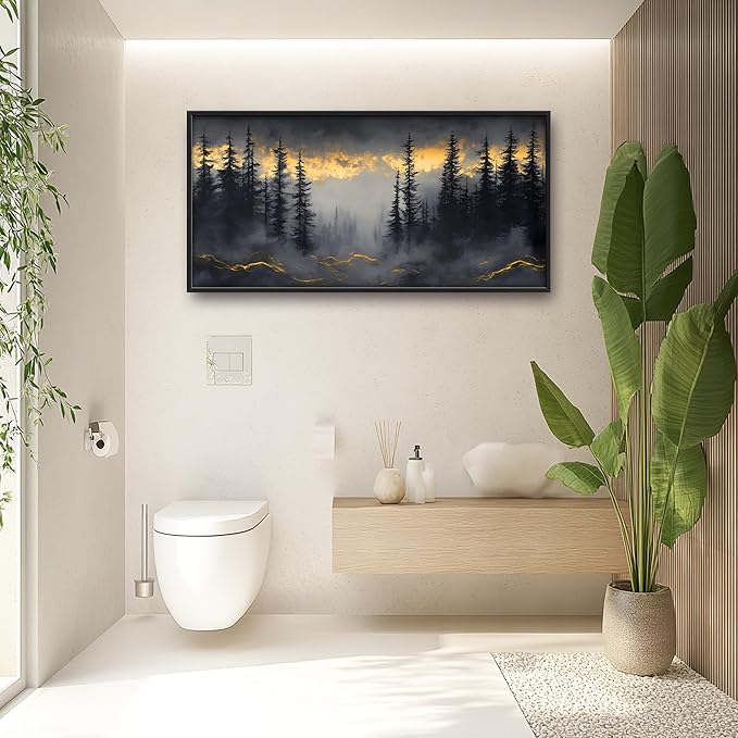 Misty Forests Large Decor Framed Wall Art Gold and Black Pictures for Living Room, Foggy Forest Landscape Oversized Canvas Print Painting Modern Extra Large Framed Artwork for Bedroom Office 60"x30"