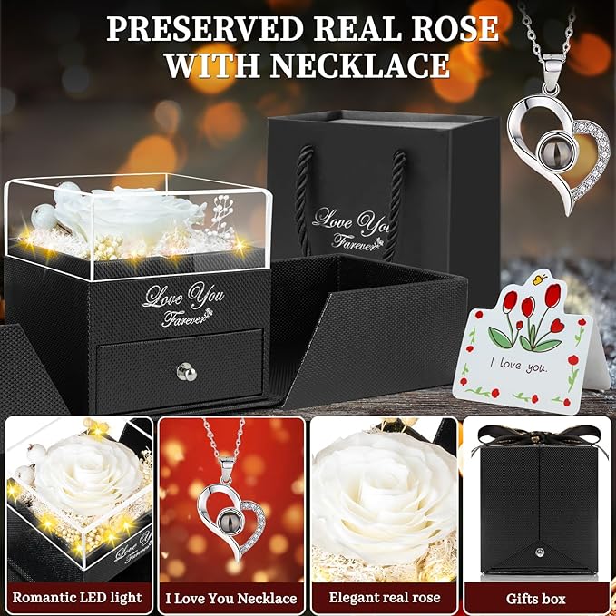 Preserved White Real Rose Eternal Flowers Rose Gifts for Mom Grandma Wife Girlfriend Gifts for Her Christmas Birthday Anniversary with I Love You Necklace