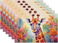 Watercolor Giraffe Placemats Set of 6, Flower Floral Linen Place Mat Washable Stain Resistant Table Mats for Farmhouse Kitchen Party Wedding Decor 12x18 Inch