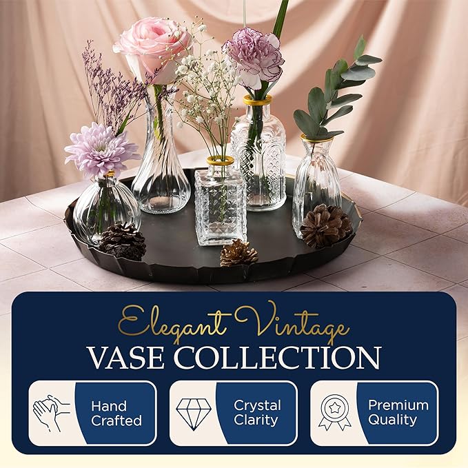 Luxury Glass Bud Vase Set of 5 – Hand Painted Gold Rim Mini Vases, Elegant Small Glass Vases for Centerpieces, Vintage Clear Flower Vases for Wedding, Table, Home & Party Décor