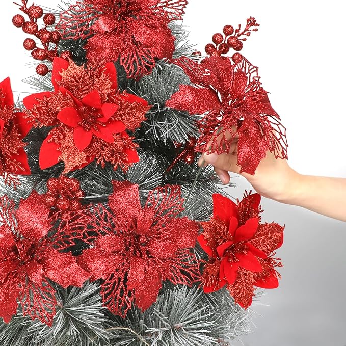 Sawowkuya 22 Pcs Red Christmas Poinsettia Artificial Flowers and Glitter Berries Stems Kit, Christmas Poinsettias Decorations and Christmas Tree Ornaments for Xmas Home Wedding Holiday Tree Decor