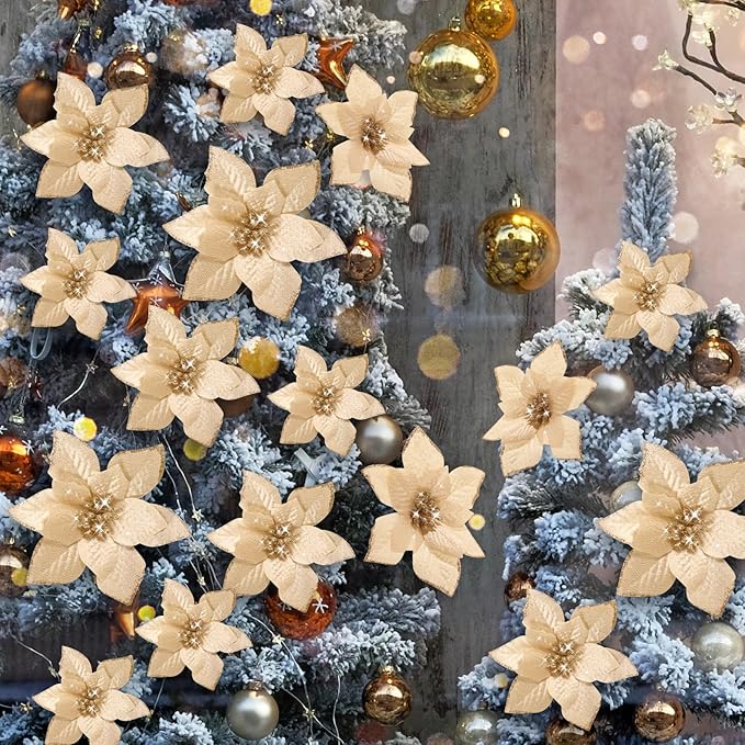 WILLBOND 24 Pcs 3 Size Poinsettia Flower Artificial Christmas Decor Glitter Poinsettia Christmas Ornaments Faux Flowers for Xmas Tree Outdoor(4/6/7.9 Inches,Champagne)