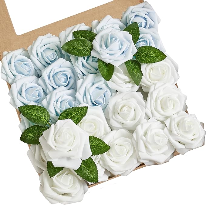 Artificial Flowers, 50pcs Baby Blue Artificial Rose for DIY Wedding Bouquets Centerpieces Arrangements, Fake Flower with Stems for Party Home Decorations