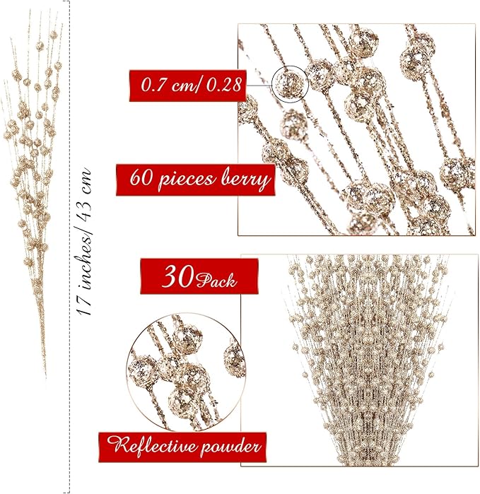 Geosar 30 Pcs Christmas Artificial Glitter Berry Stem Decorations 17 Inch Faux Stick Floral Pick Centerpiece Bouquet Flower Bead Twigs for Centerpiece Tree Wreath Xmas Ornaments Home(Champagne Gold)