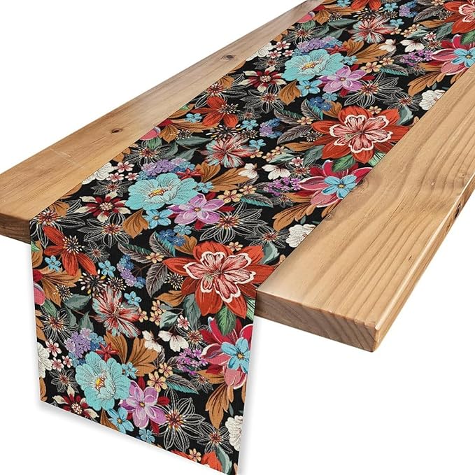 Floral Table Runner, Vintage Colorful Flower Bohemian Floral Print Table Center Decor for Family Kitchen Table Decorations Indoor Outdoor 13x108 inch