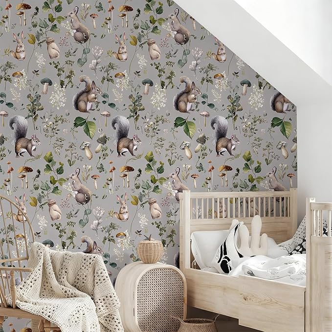 Whimsical Peel and Stick Floral Animal Contact Paper Squirrel Rabbit Removable Botanical Leaf Wallpaper 17.7" x 118.11" Wall Paper Watercolor Self Adhesive for Classroom Bedroom laundry room bathroom