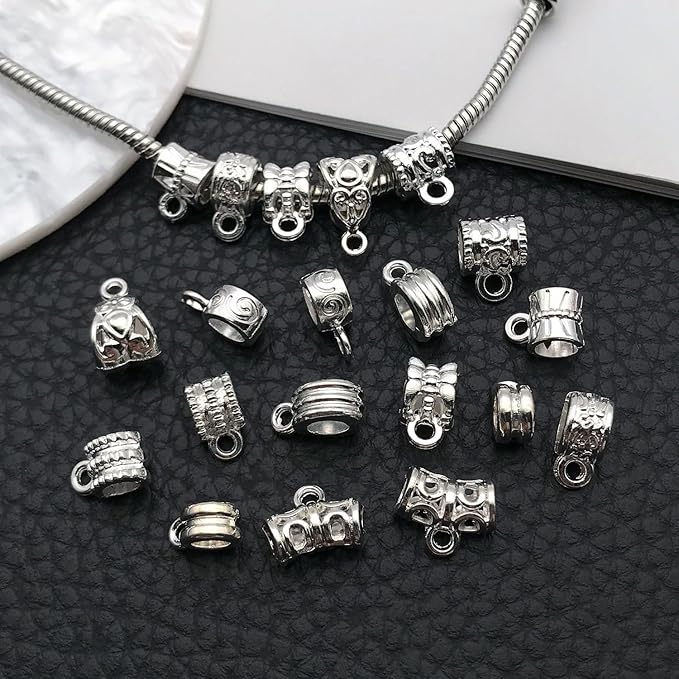 WOCRAFT 60pcs Bright Silver Bails Space Beads Bracelet Charms for Jewelry Making Sets DIY Necklace Bracelet Keychain Crafting Charms Kit Craft Supplies (SN855)