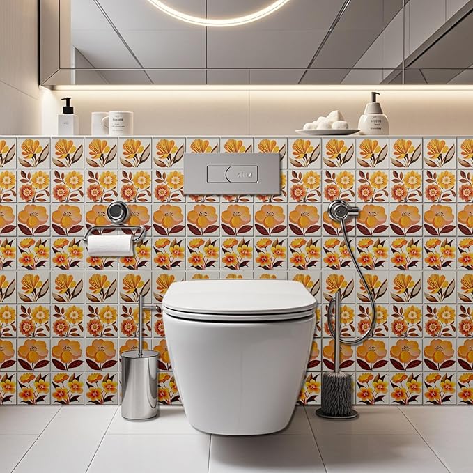 CHGCRAFT 36 Pcs 4 Style Wall Stickers Orange Flowers Peel and Stick Wall Tile Sticker Art Flowers Waterproof Self Adhesive Stick on Tile Decals for Kitchen Bathroom Art Decor, 4×4 Inch