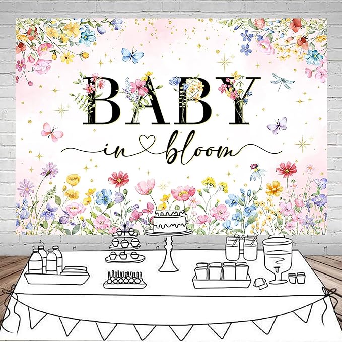 Mocsicka Wildflower Backdrop Baby in Bloom Floral Baby Shower Decorations Girls Butterfly Golden Dot A Little Wildflower is On The Way Decorations for Baby Shower Background Banner
