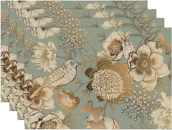 Placemats Set of 4 Retro Peony Bird and Butterfly Table Mats Linen Place Mats for Dining Kitchen Country Camp Farmhouse Decor 12x18 Inch