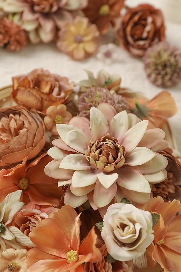 Fake Flower Heads Bulk - Coffee Silk Daisy & Rose Fall Artificial Flower for Crafts, DIY, Graduation Cap, Wedding, Party, Cake Topper, Home Garland Decor
