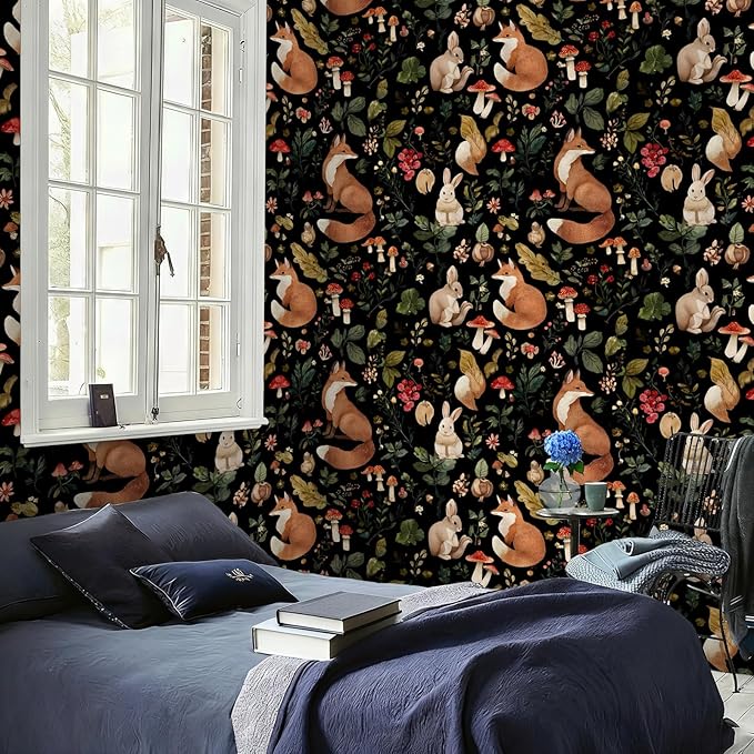 Vintage Fox Rabbit Mushroom Peel and Stick Wallpaper Removable Whimsical Botanical Leaf 17.7" x 236.22" Wall Paper Watercolor Self Adhesive Contact Paper for Classroom Bedroom laundry room bathroom