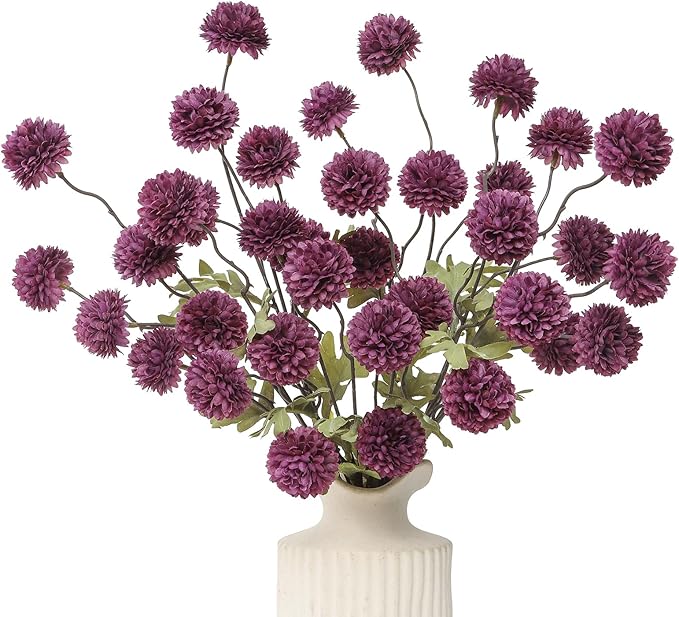 DuHouse 6pcs Artificial Flowers Faux Silk Pompon Mum,Silk Small Mini Chrysanthemum Ball with Stems for DIY Bouquets Centerpieces Vase Home Table Kitchen Decorations(Plum)