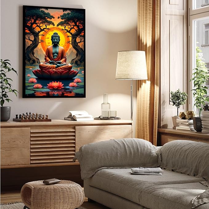 Canvas wall art Golden Buddha on lotus at sunset Ancient trees with reflections on water Serene meditation scene Uplifting wall art for mindfulness and tranquil home decor 20x30in Metal blackFramed