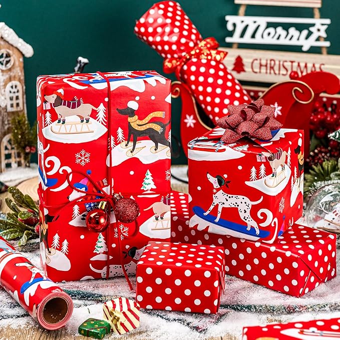 Yarcony Dog Christmas Wrapping Paper Roll, Red Wrapping Paper, Reversible Funny Skiing Puppy and Polka Dot Design Kid Christmas Gift Wrap Paper for Winter Holiday, Dog Lover (17 Inch X 33 Feet)