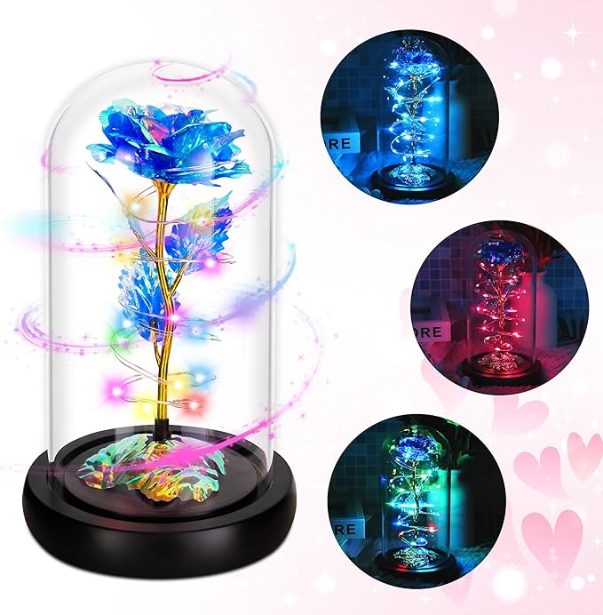 Childom Christmas Rose Gifts for Women,Birthday Gifts for Women Mom Christmas,Flowers for Delivery Prime,Rotating Blue Light Up Rose in A Glass Dome,Anniversary Rose Gift for Her Valentines Day