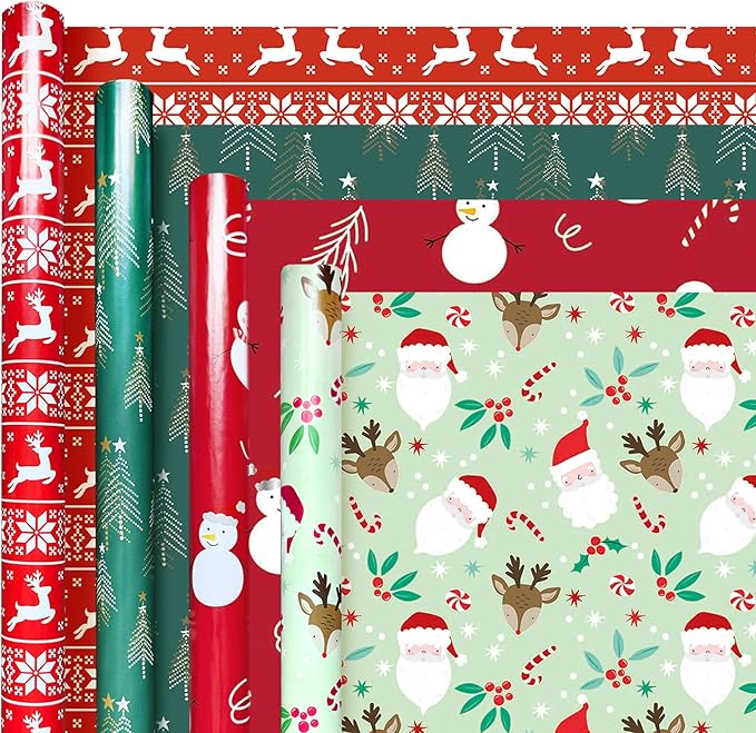 Hexablenzio Christmas Wrapping Paper Bulk Set of 4 Rolls (93 sq. ft. ttl) Santa Claus, Reindeer, Christmas Tree, Snowman Patterns for Holiday Gift Wrap - 17 inches x 16.5 feet Per Roll