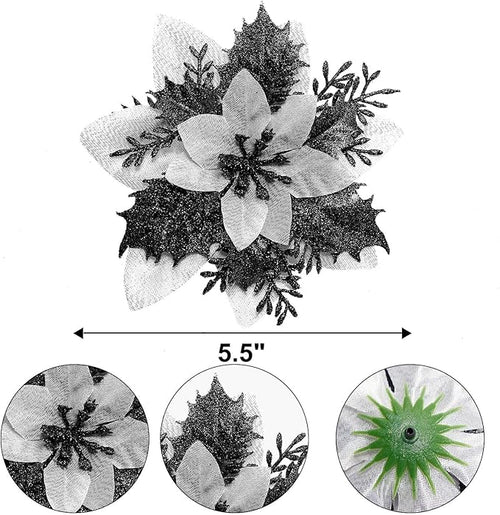 15Pcs Christmas Poinsettia Artificial Flowers Decorations, Glitter Poinsettia Christmas Tree Ornaments, Black Tree Flowers for Xmas/Wedding/Holiday/Wreath/Garland Decor, with Cilps, 5.5 Inch