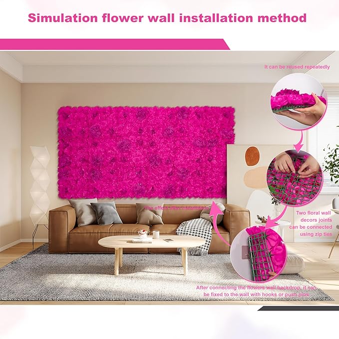 Artificial Flower Wall Backdrop 9 PCs of 16.5x16.5 Inch Floral Wall Panels 3D Silk Rose Wall Decor for Weddind Stage Party Photo Background Home Decoration-Barbie Pink