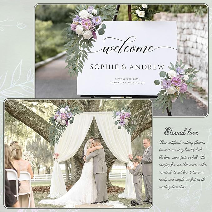 Faux Flower Swag Set of 2, Purple Artificial Flowers Swags for Wedding Arch, Wedding Welcome Signs, Welcome Reception Ceremony Signs Decorations