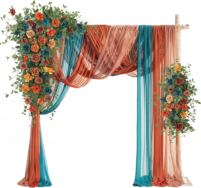 Wedding Arch Flowers with Drapes Kit (Pack of 5) - 2pcs Artificial Teal Orange Fall Deluxe Swag with 3pcs Sheer Drapes for Wedding Ceremony Arbor Reception Backdrop Rose Floral Decoration