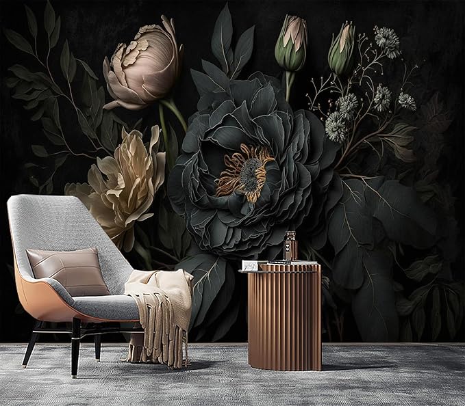 Eierme-Mysterious Black Peony Mural Wallpaper Peel and Stick 90" x 67"